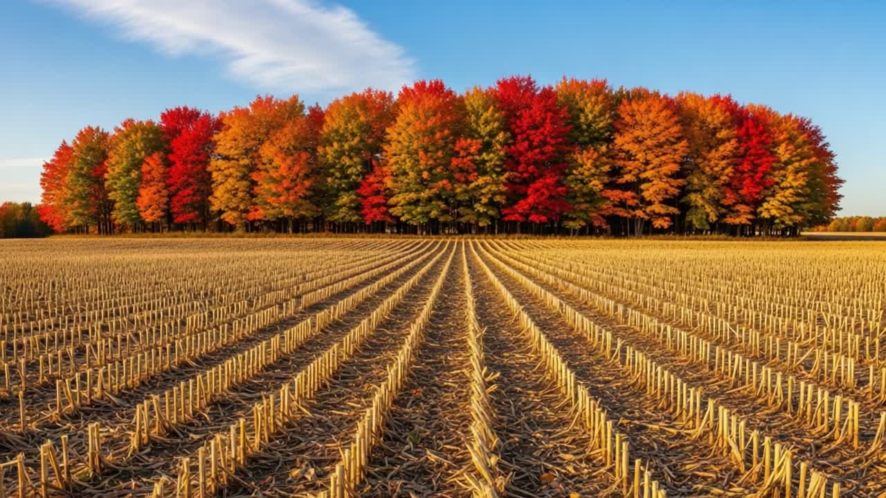 A Vibrant Autumn Landscape Showcasing Colorful Trees Against a Clear Blue Sky with Lush Golden Fields in the Foreground Highlighting Nature's Beautiful Transition