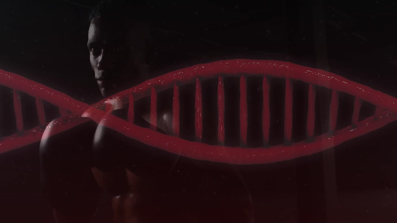 Animazione di un filamento di DNA che ruota su un uomo che si allena con i guantoni da boxe
