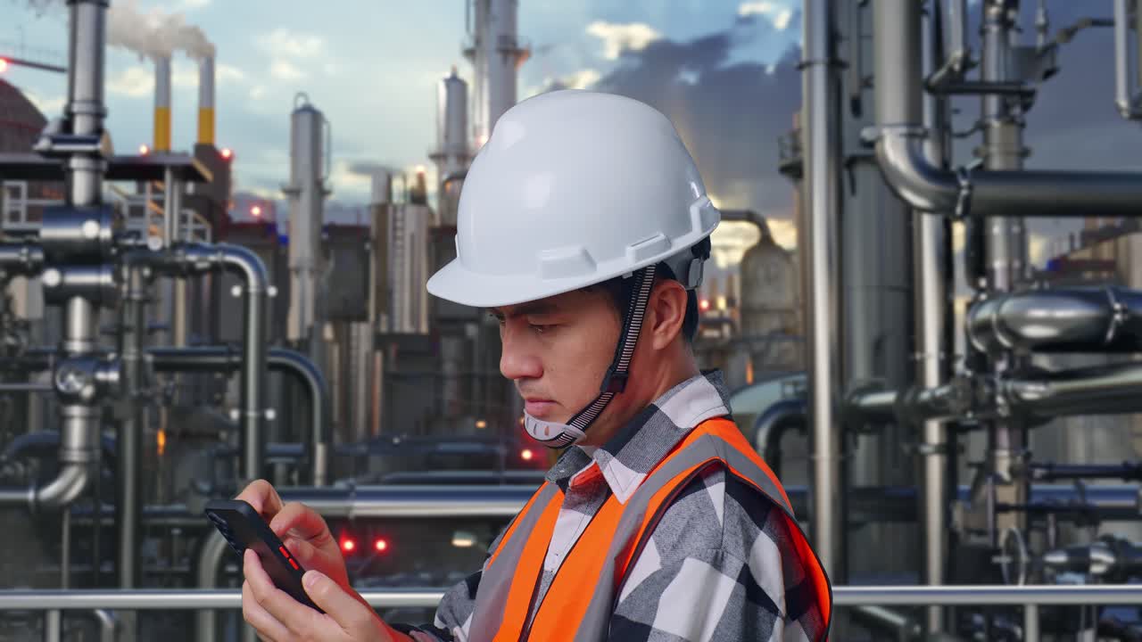 Close Up Side View Of Asian Male Engineer With Safety Helmet Using Smartphone While Standing In a Refinery, Oil Processing Equipment And Machinery