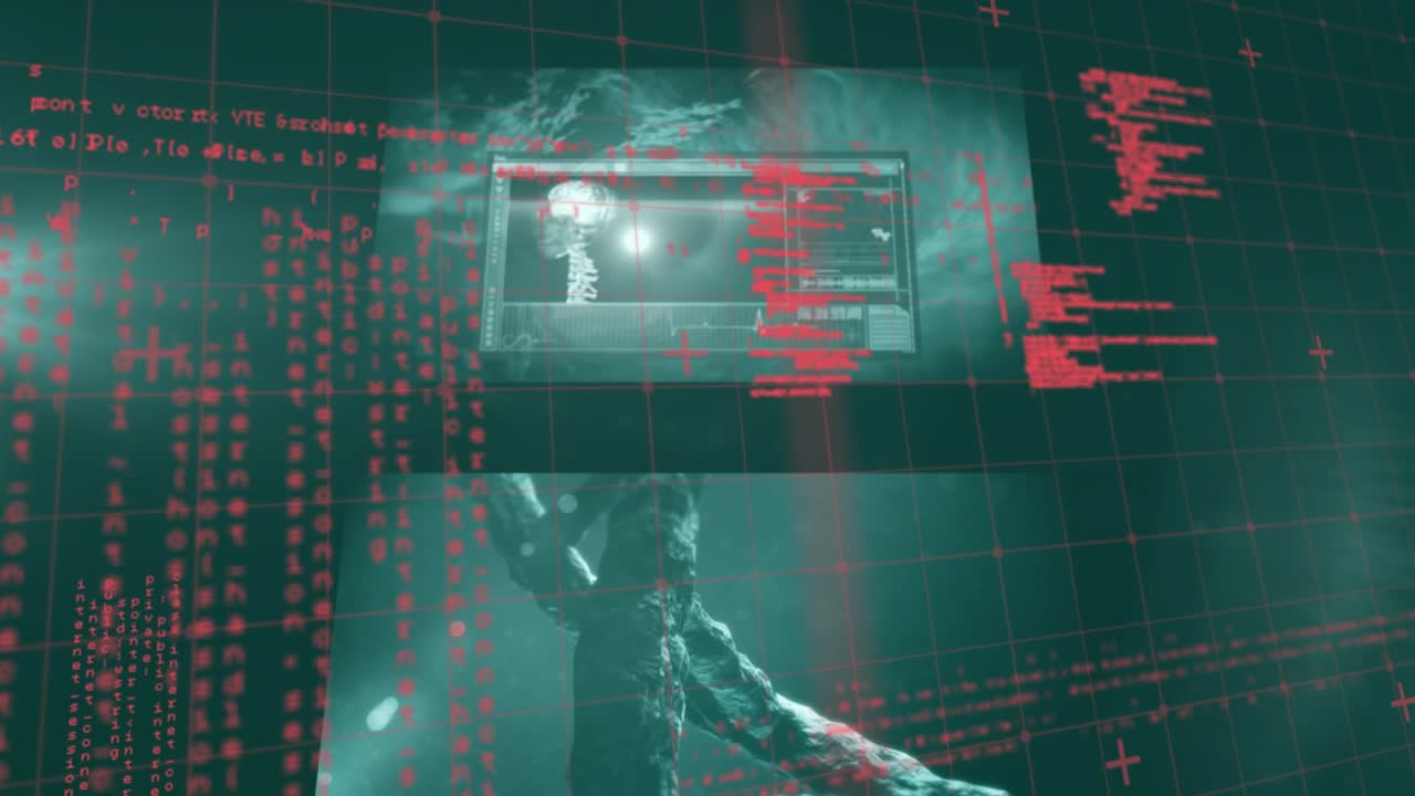 Animation of data processing over screens with 3d dna strand spinning