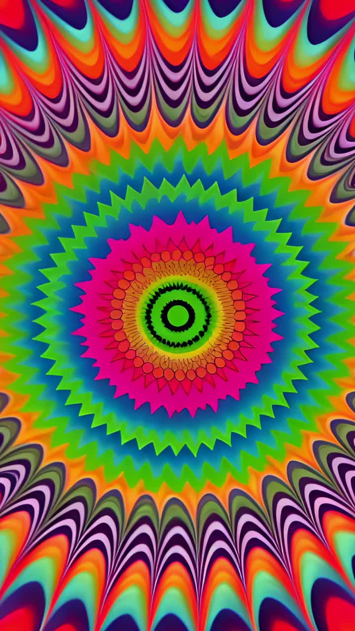 Vertical video: Starting animation kaleidoscopic pattern breathing on screen, with rainbow colors