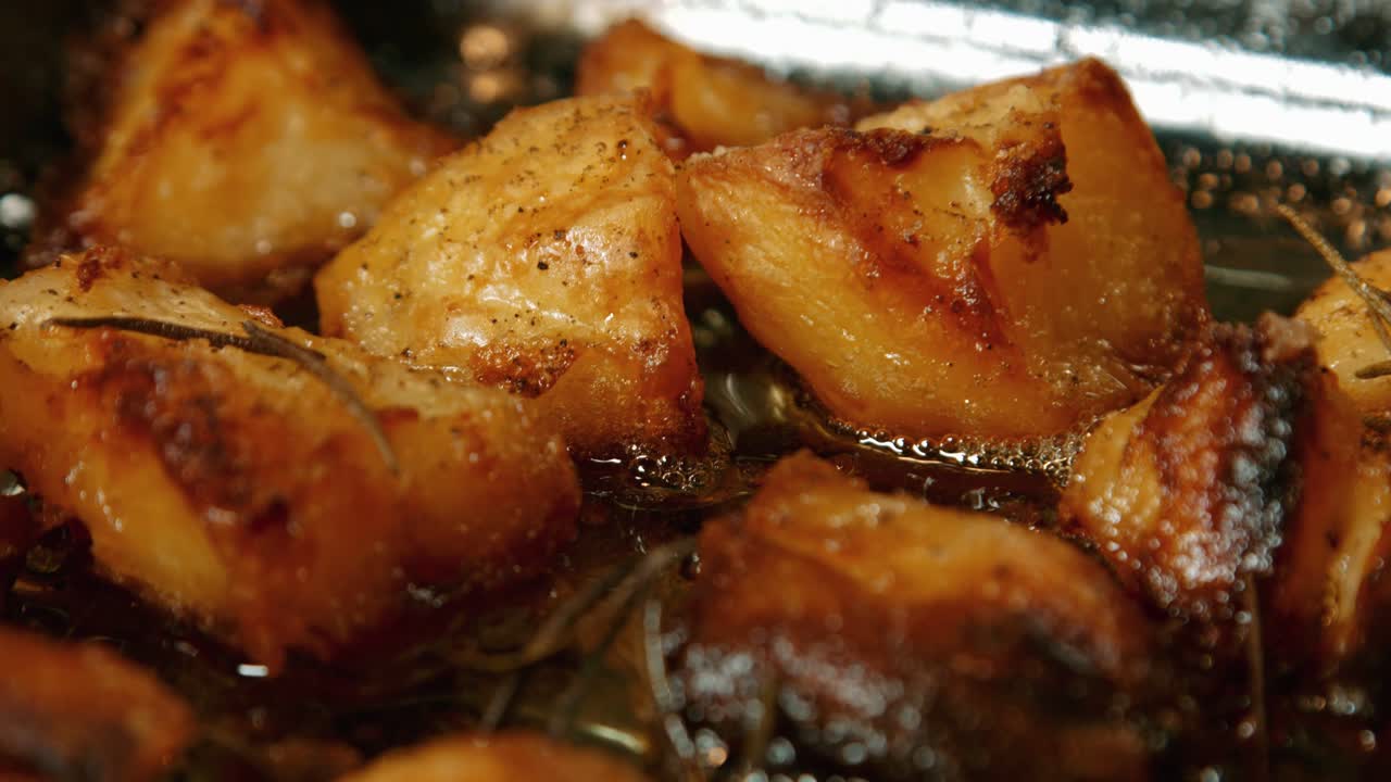 Primo piano cinematografico di patate arrosto croccanti.