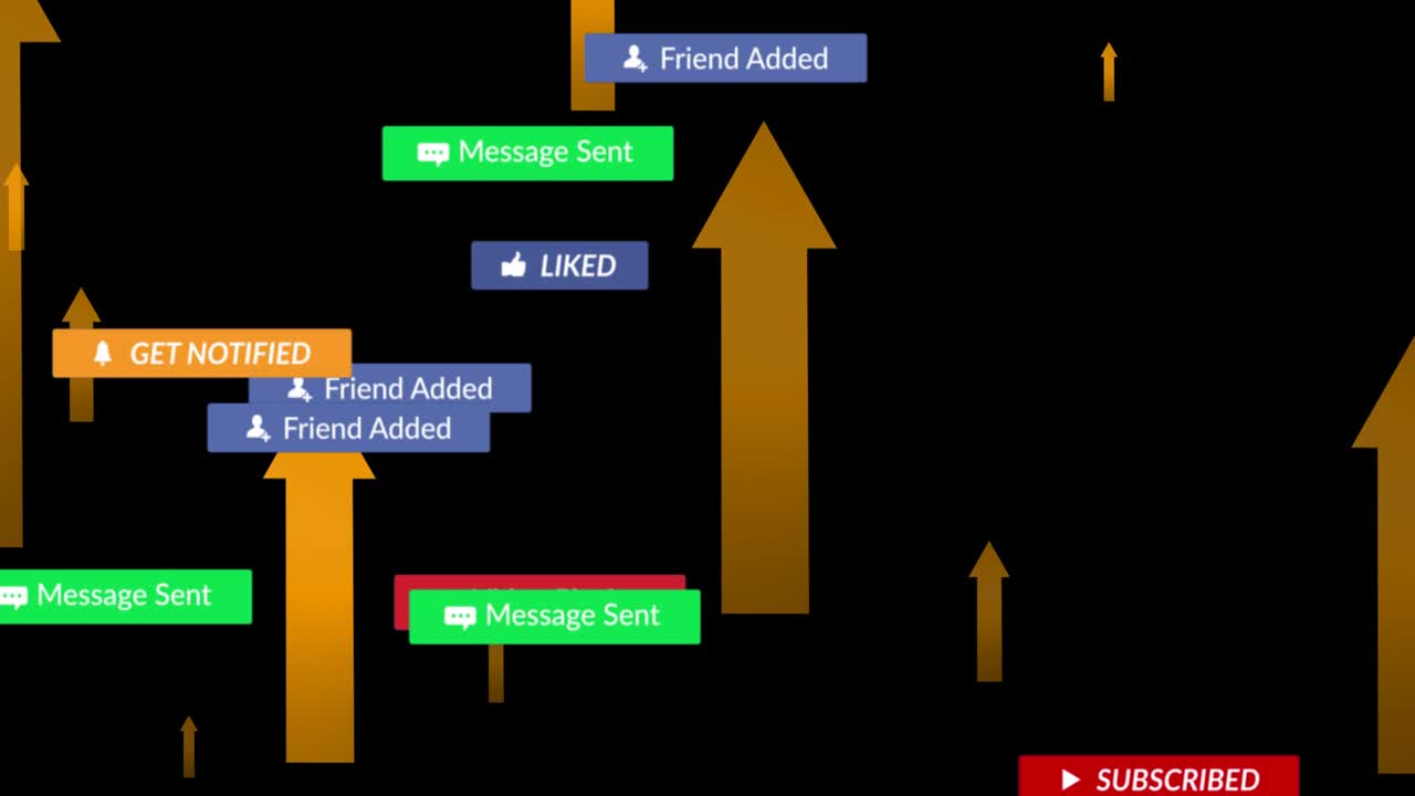 검은 바탕 위에 떨어지는 소셜 미디어 아이콘과 화살표의 애니메이션
