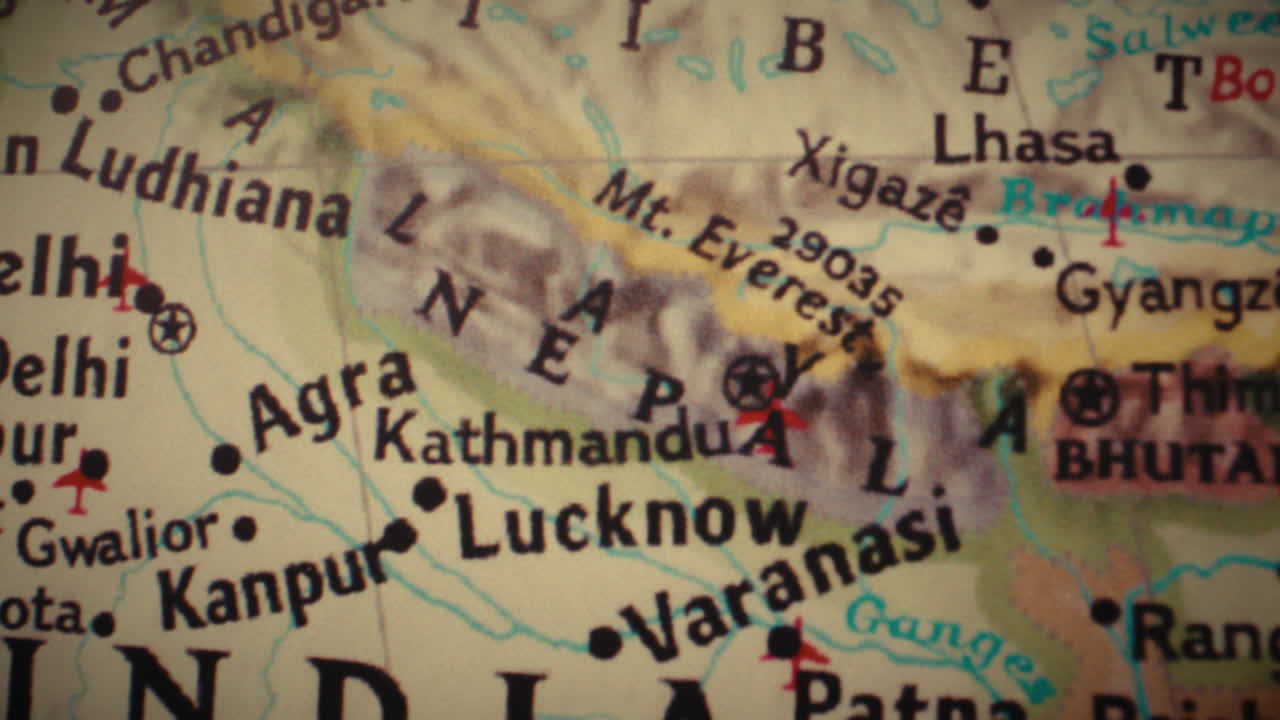 Close-up view of a map showing Nepal and surrounding regions