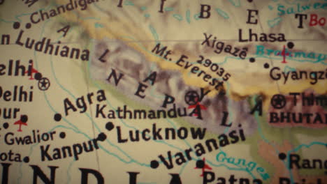 close-up view of a map showing nepal and surrounding regions