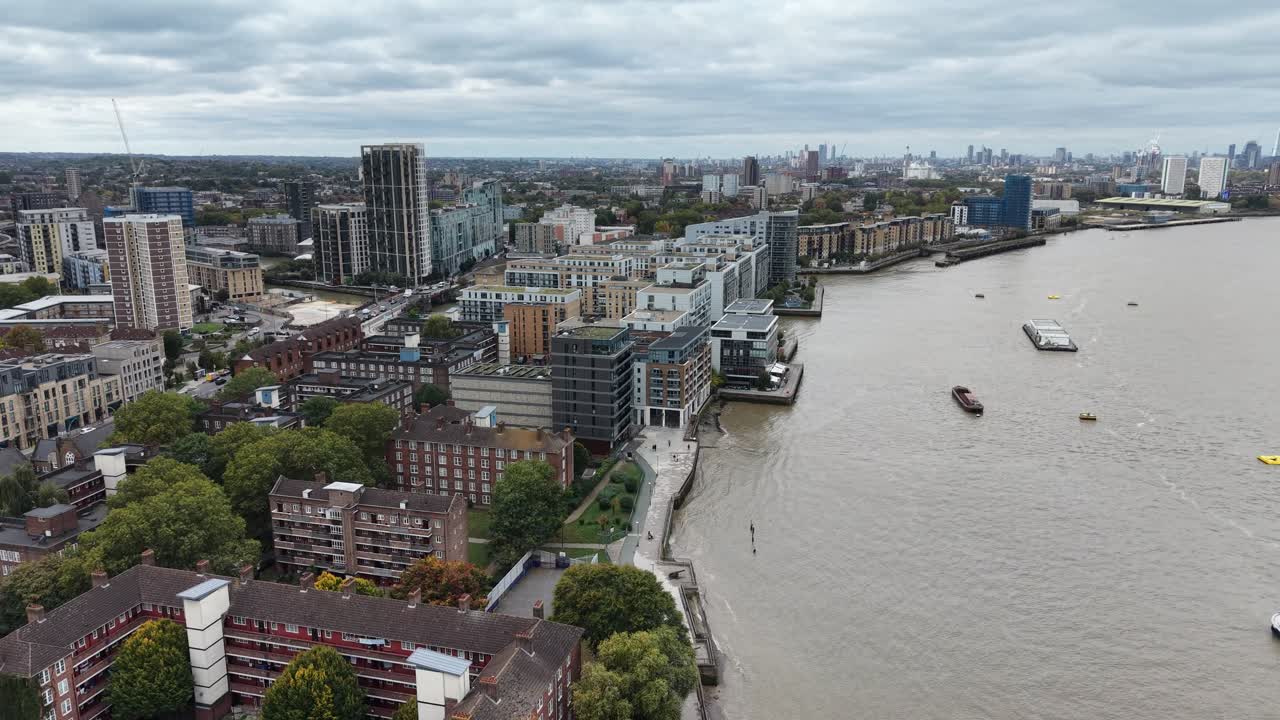 Waterside apartments on River Thames Greenwich UK drone,aeri