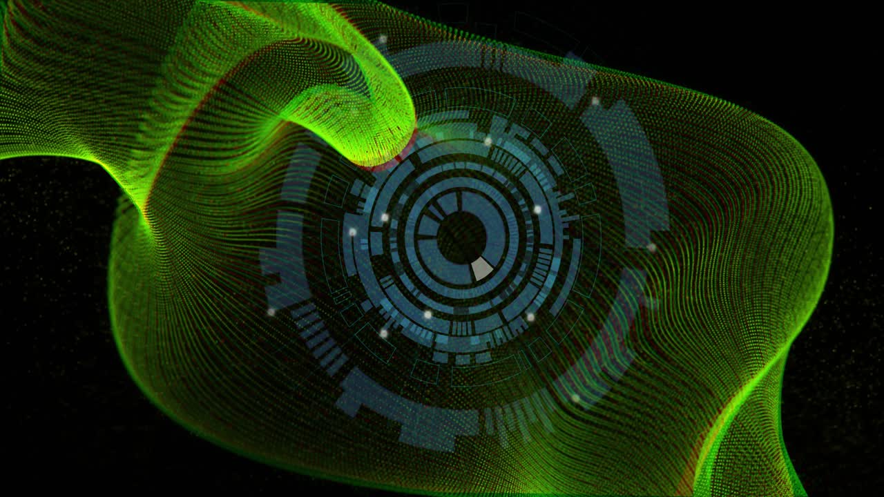 Opening blue HUD interface initiating green mesh wave pulsing and shifting, revealing layered data
