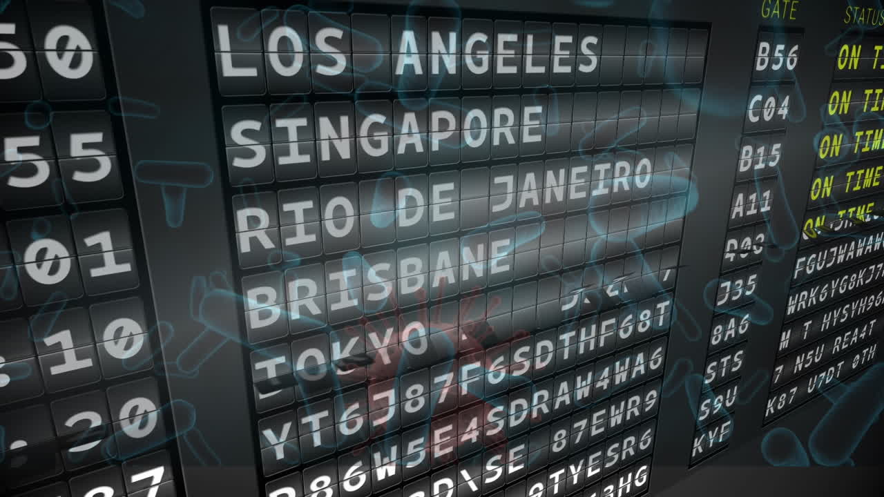 회색 배경에 떠다니는 여러 코로나19 세포에 대한 공항 출발 보드