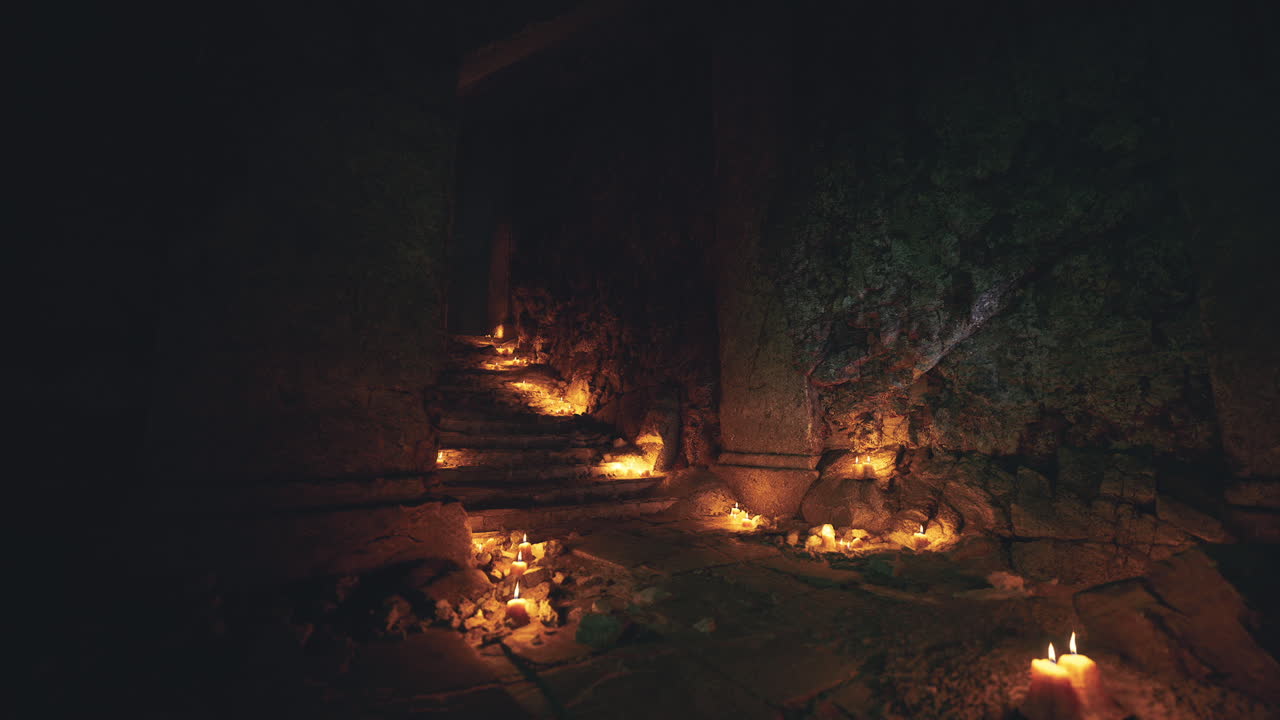 Mysterious underground chamber illuminated by candles in dark environment