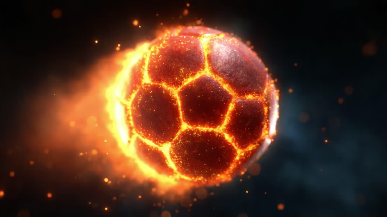A Visually Stunning Representation of a Futuristic Fireball Soccer Ball Surrounded by Fiery Sparks and Glowing Particles in a Dark, Dynamic Background