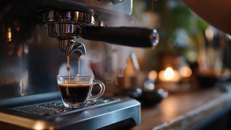 Il vapore sale delicatamente da una tazza di vetro trasparente. Il caffè si versa costantemente da una macchina elegante. L'illuminazione soffusa riscalda il ripiano in legno. La scena è accogliente, invitante e intima.