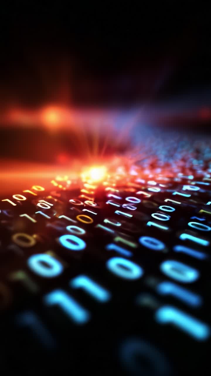 Una straordinaria immagine di codice binario con elementi digitali luminosi in un ambiente scuro, che evidenzia l'intersezione tra tecnologia e arte
