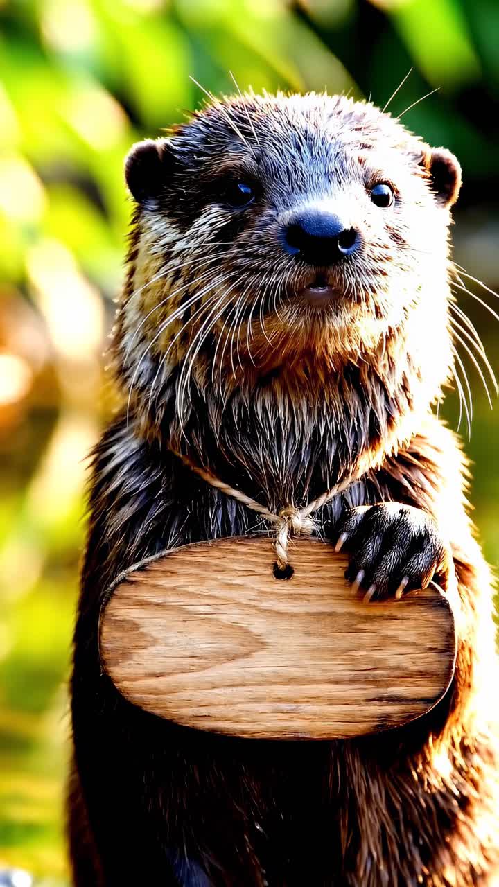 Angolazione video ravvicinata di una lontra con un cartello di legno, tema natura vibrante e giocoso