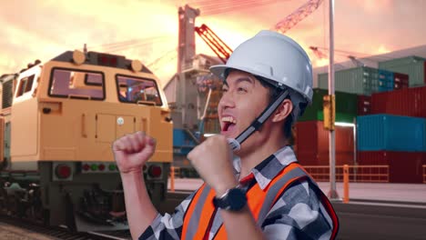 engineer celebrating success at port