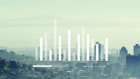 animation of financial data processing over cityscape