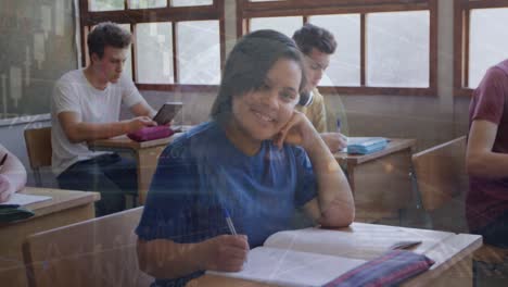 Animación-Del-Globo-Y-Gráfico-Sobre-Chicas-Birraciales-Felices-Y-Clases-De-Alumnos-Diversos