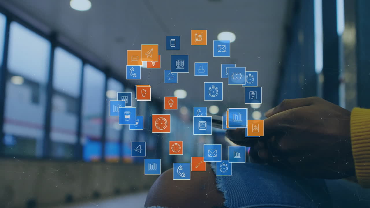 el uso de teléfonos inteligentes en interiores, iconos digitales y animación de red de comunicación flotante