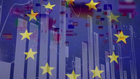 animation of flag of eu over data processing and national flags