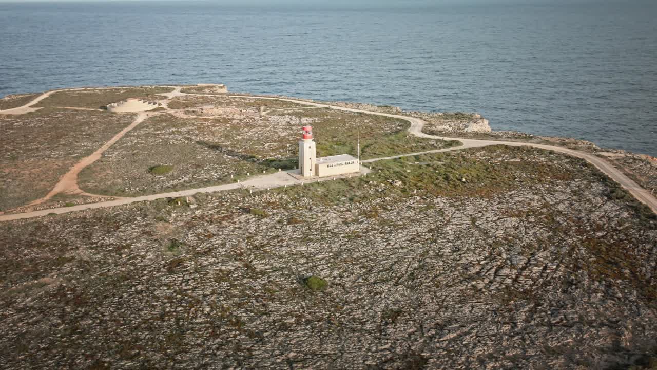Aerial drone shot performing a smooth helix orbit around a solitary lighthouse on Portugal’s rugged coastline with ocean backdrop