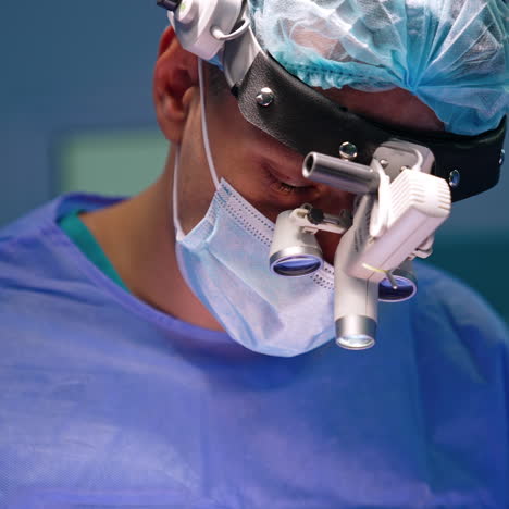 close look at surgeon wearing device glasses, cap and mask. portrait of a doctor working at operation.