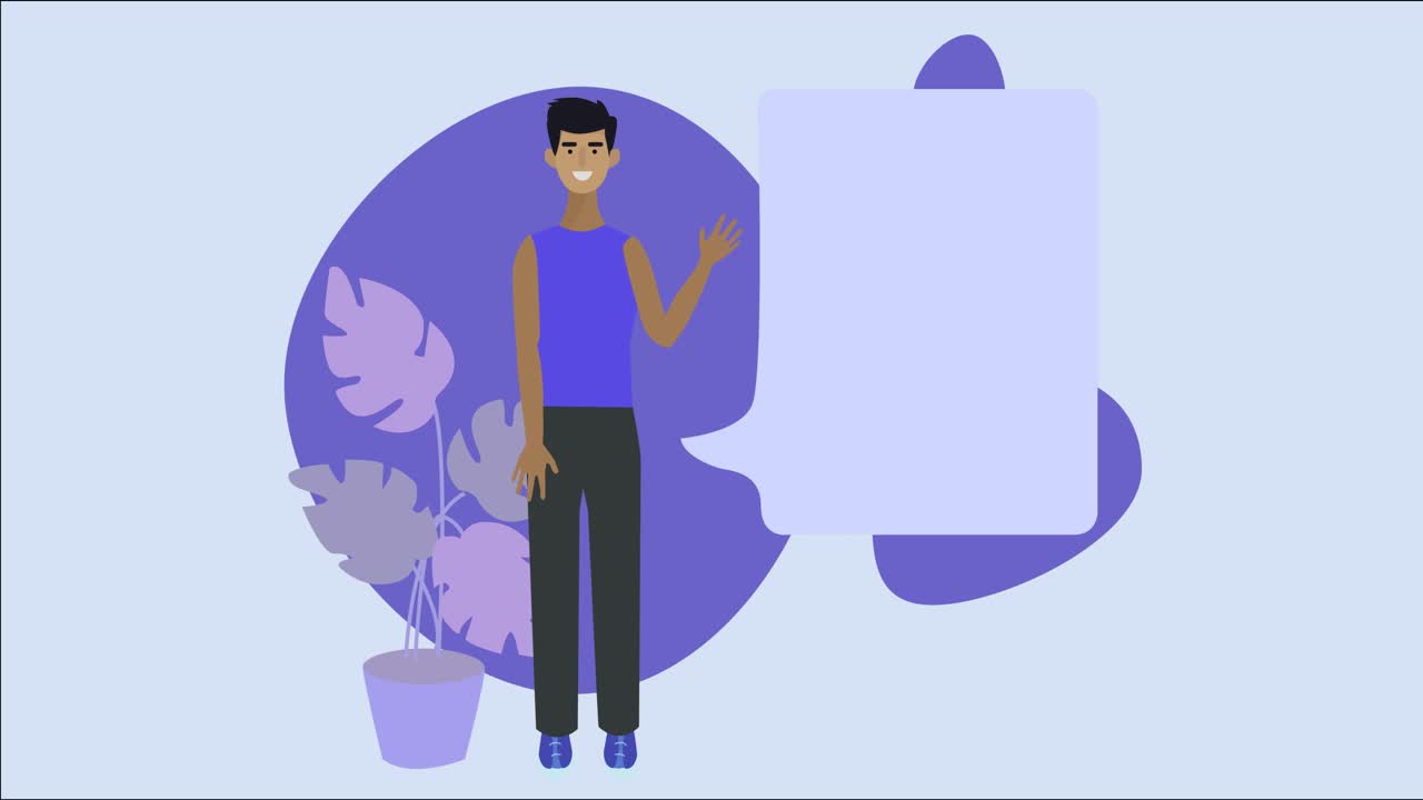 Animated illustration of a man talking and a text box comes out