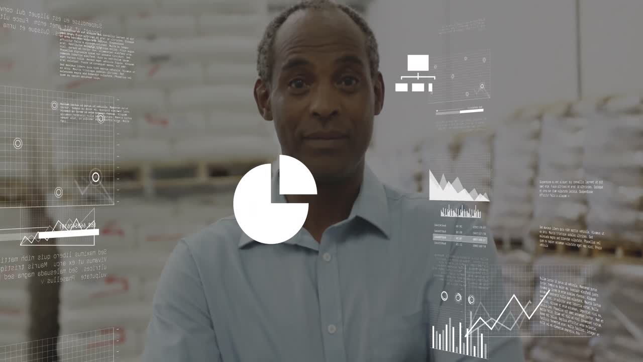 Animation of graphs, map and multiple icons, senior african american man standing arms crossed