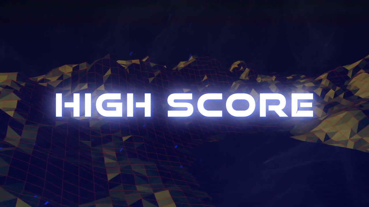 Glowing HIGH SCORE text floating over neon-lit low-poly terrain grid in futuristic gaming landscape