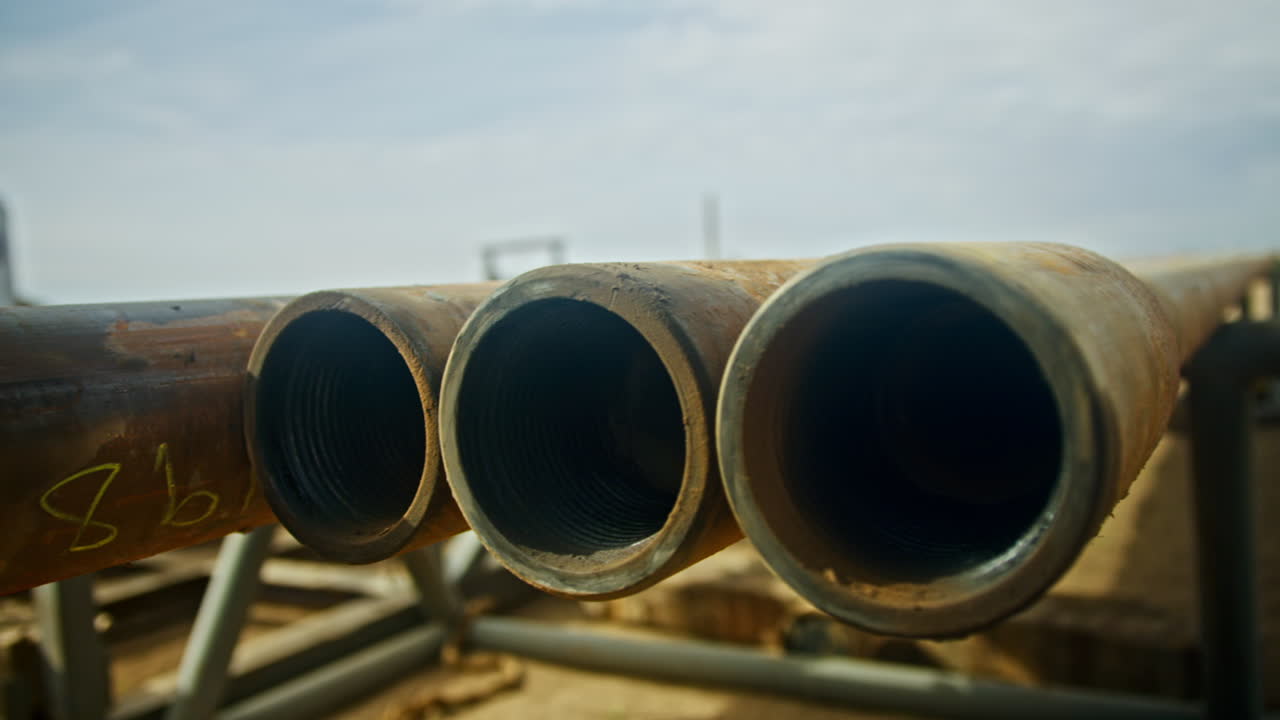 Metal rusty pipes lying in a row outdoors. Materials prepared for the arrangement of drilling equipment at the site.