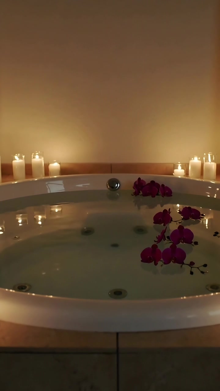 Video verticale: Candele tremolanti che fanno increspare l'acqua della vasca in una spa tranquilla, orchidee, getti di troppopieno