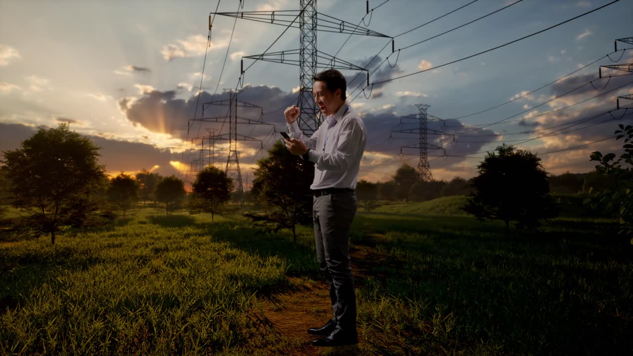 Man Celebrating Success While Using Smartphone Near Power Lines at Sunset