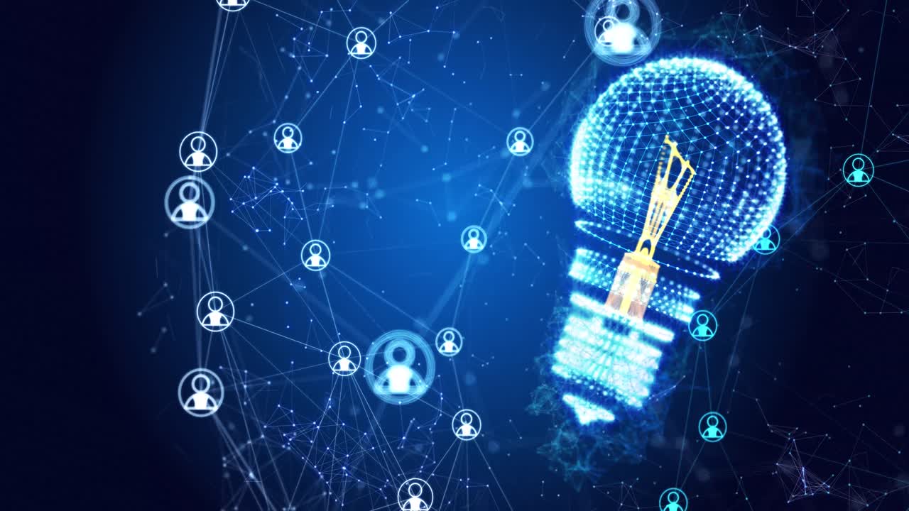 파란색 배경에 연결 네트워크와 함께 회전하는 전구의 애니메이션