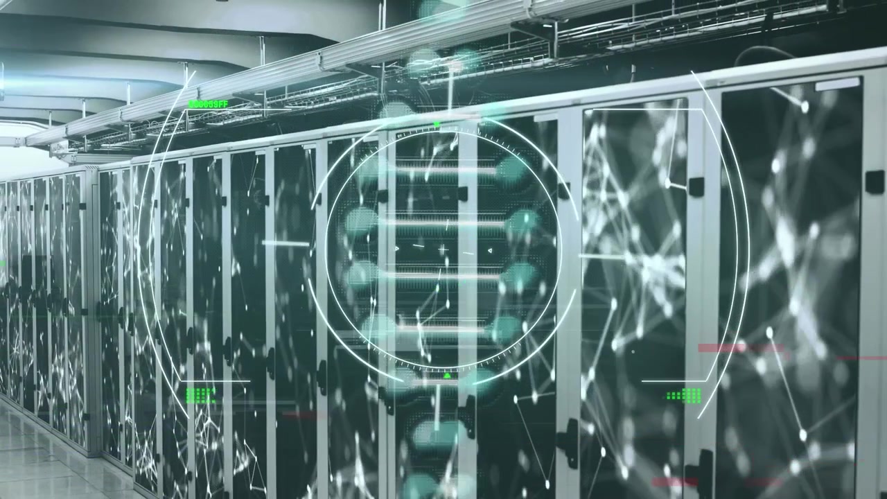 Animation of scope scanning and dna strand over server room