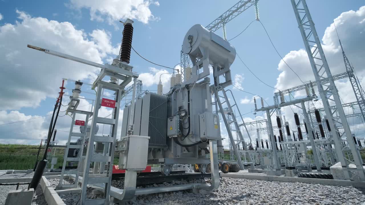 High voltage transformer against the blue sky. Electric current redistribution substation