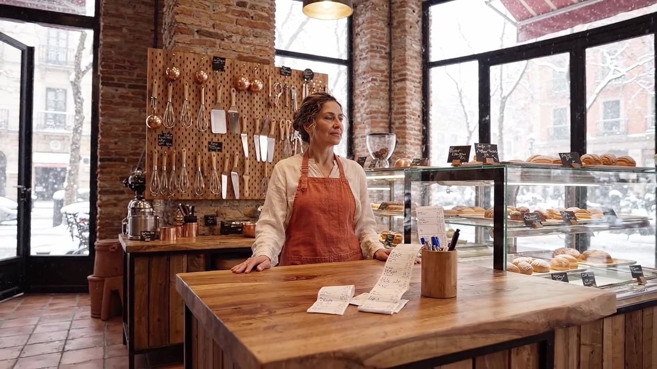 Scena accogliente di pasticceria con una donna in grembiule, circondata da prodotti da forno e utensili da cucina in una giornata nevosa, che evoca calore e comfort in un ambiente invernale.