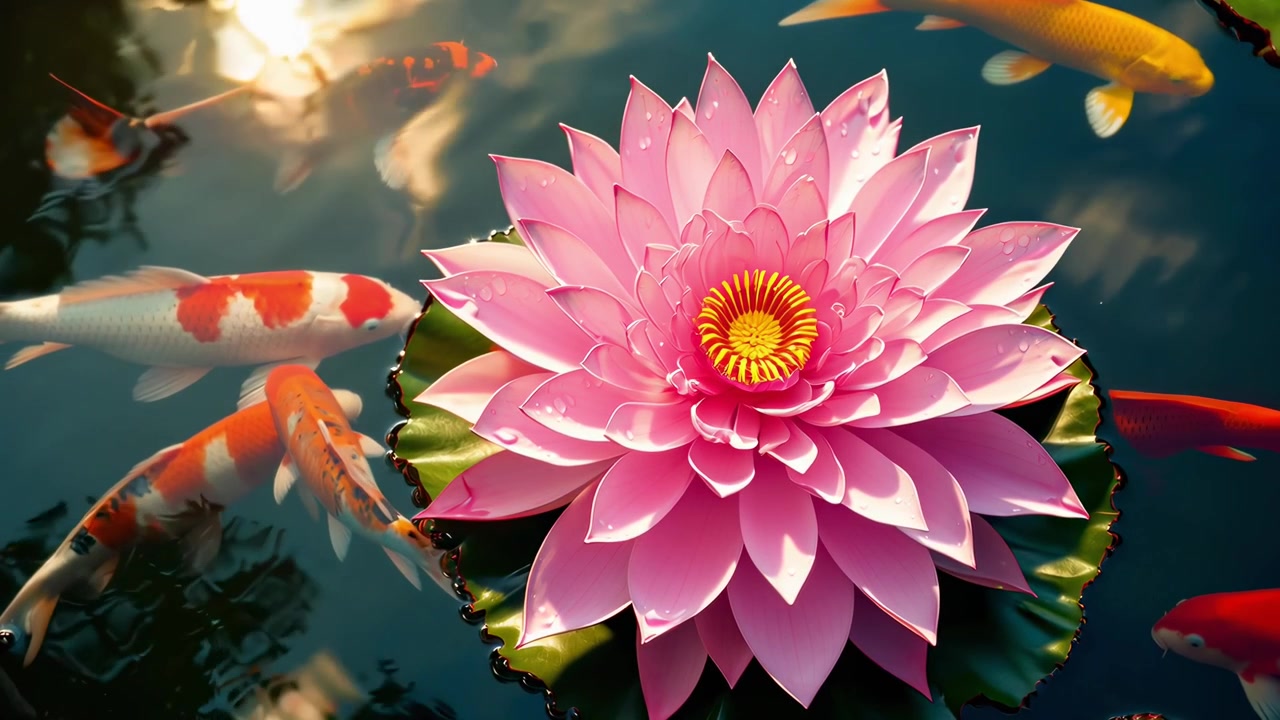 Flor de lótus rosa vibrante flutuando em um lago com peixes Koi coloridos.