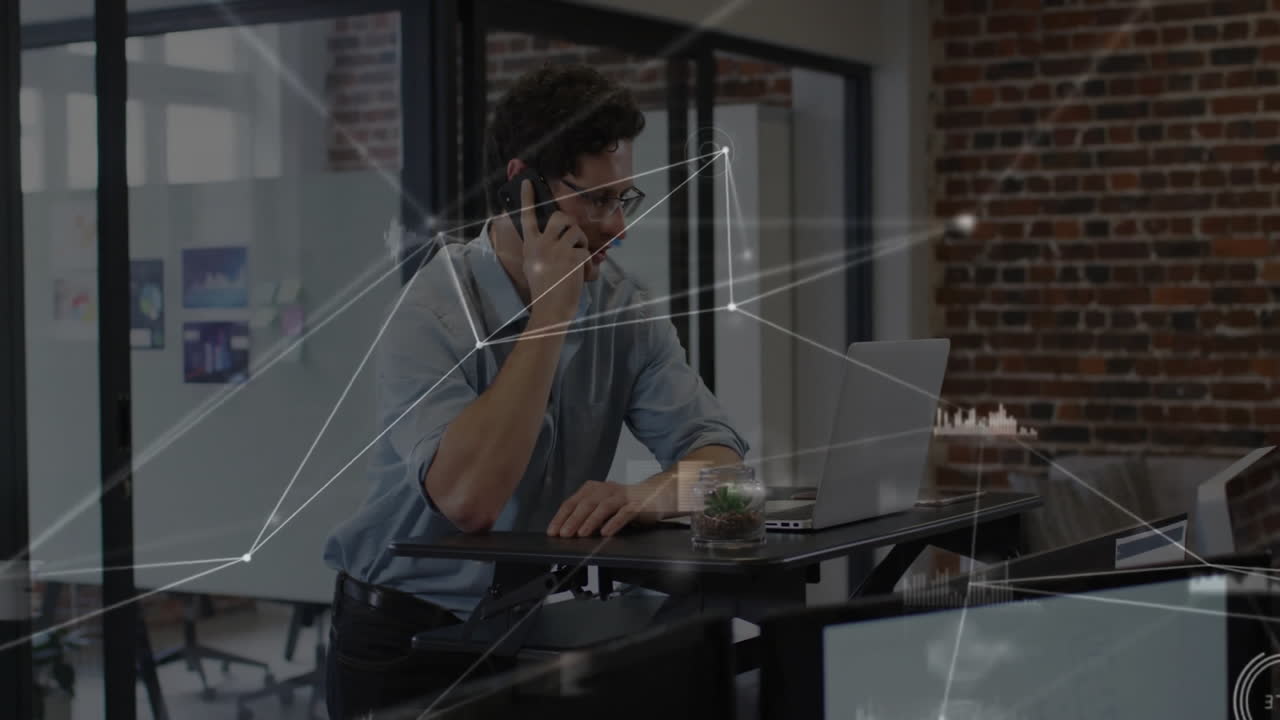 Animation of network of connections with data processing over caucasian businessman in office