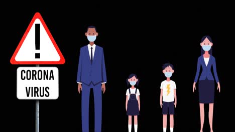 Animation-Eines-Schildes-Mit-Coronavirus-Text-über-Menschen-Mit-Gesichtsmasken-Symbolen