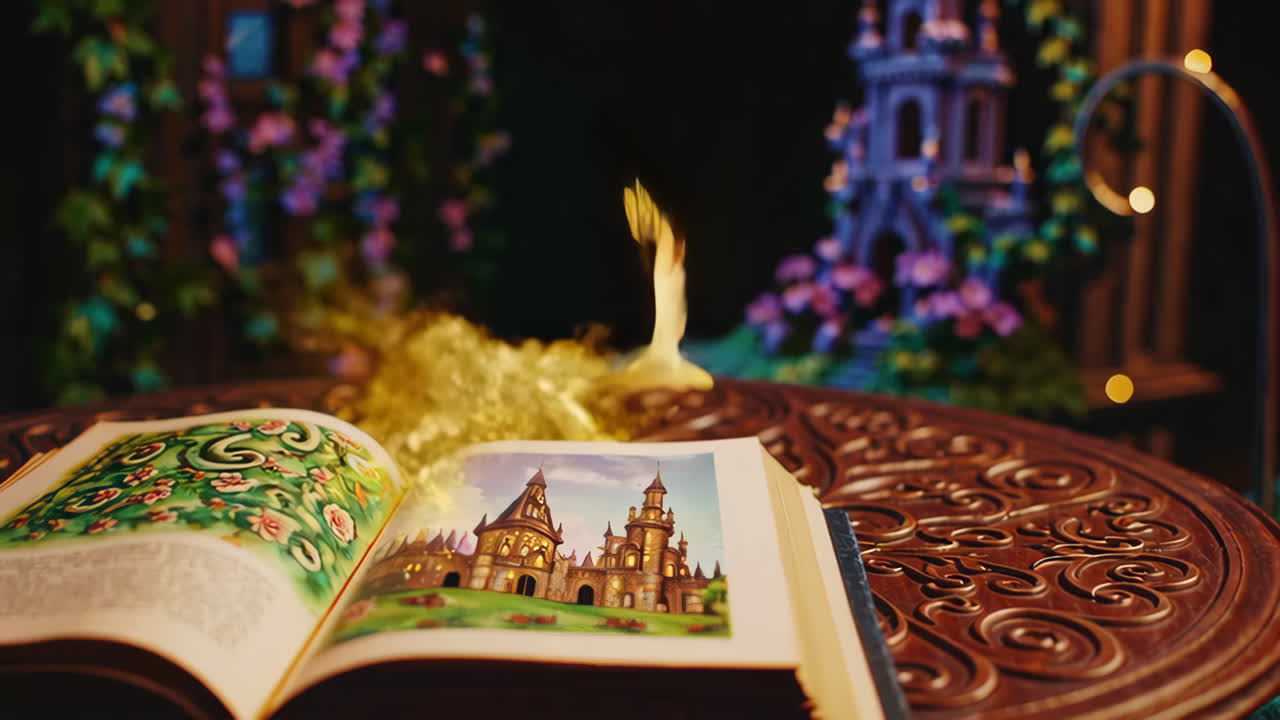 A Magical Fairy Emerges from an Enchanted Book in a Fantasy Setting