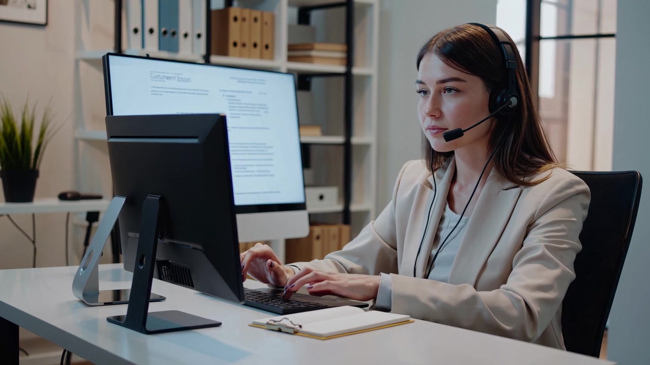 Professionelle Frau mit Headset tippt am Computer im Büro.