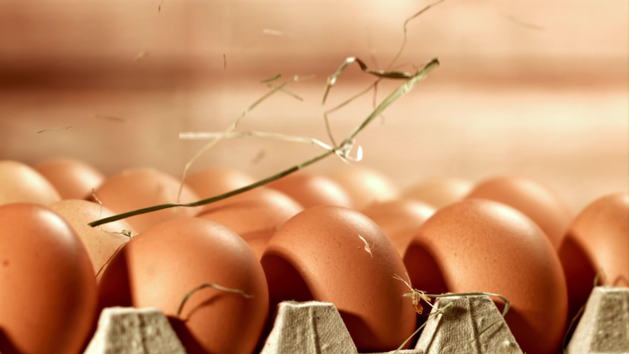 Slow Motion Hay Falling onto Fresh Brown Eggs in a Carton