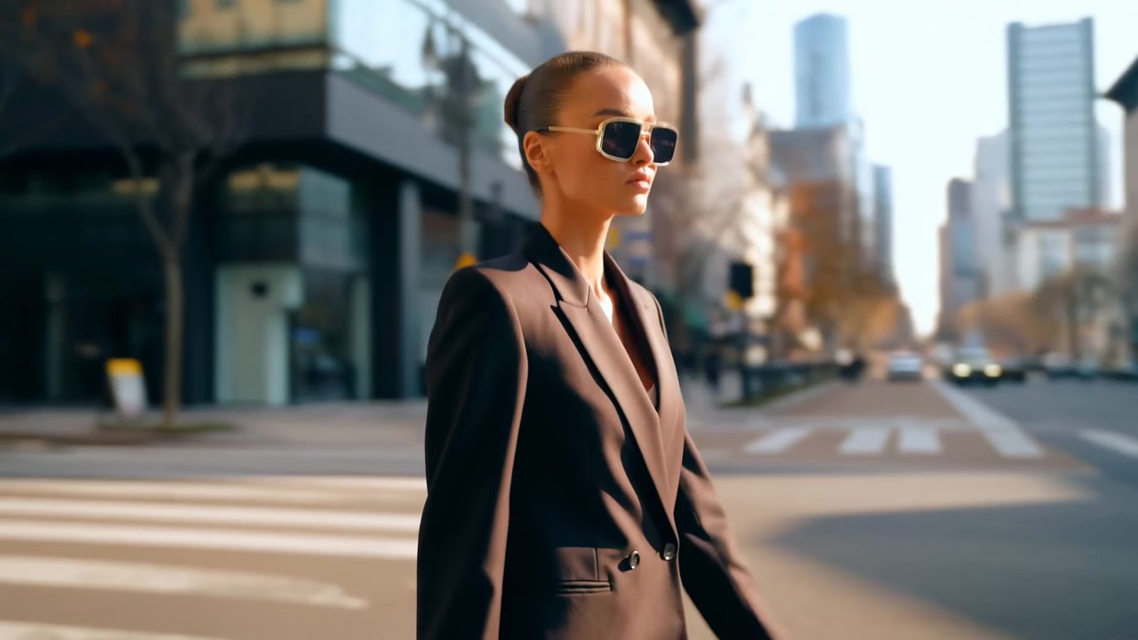 Donna d'affari che cammina sulle strisce pedonali della città sotto la luce del sole, con occhiali da sole e un blazer sartoriale, passo elegante e sicuro.