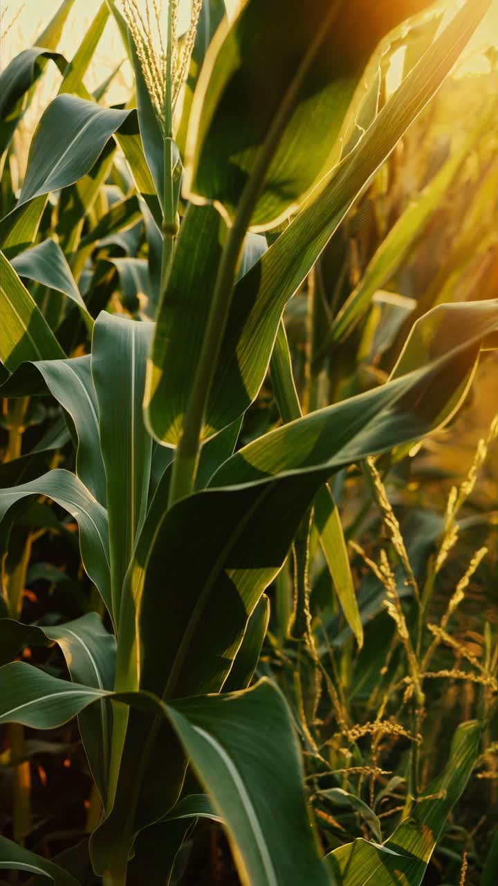 Close-up video of sunlit corn leaves at sunset, captured from a low angle, highlighting the warm