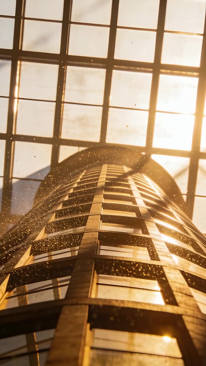 Vertical video: Shifting sunlight revealing glass elevator shaft toward skylight, drifting dust
