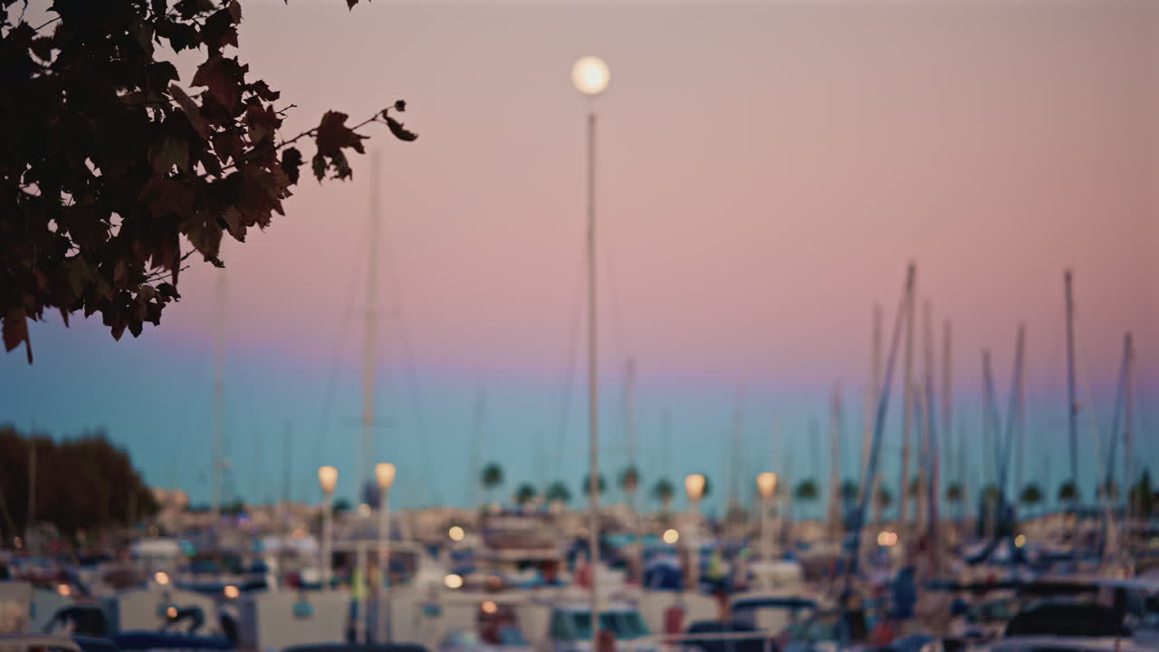 Softly blurred view of a marina at blue hour, with bokeh lights and boat masts under a gradient sky, framed by autumn leaves and a bright full moon
