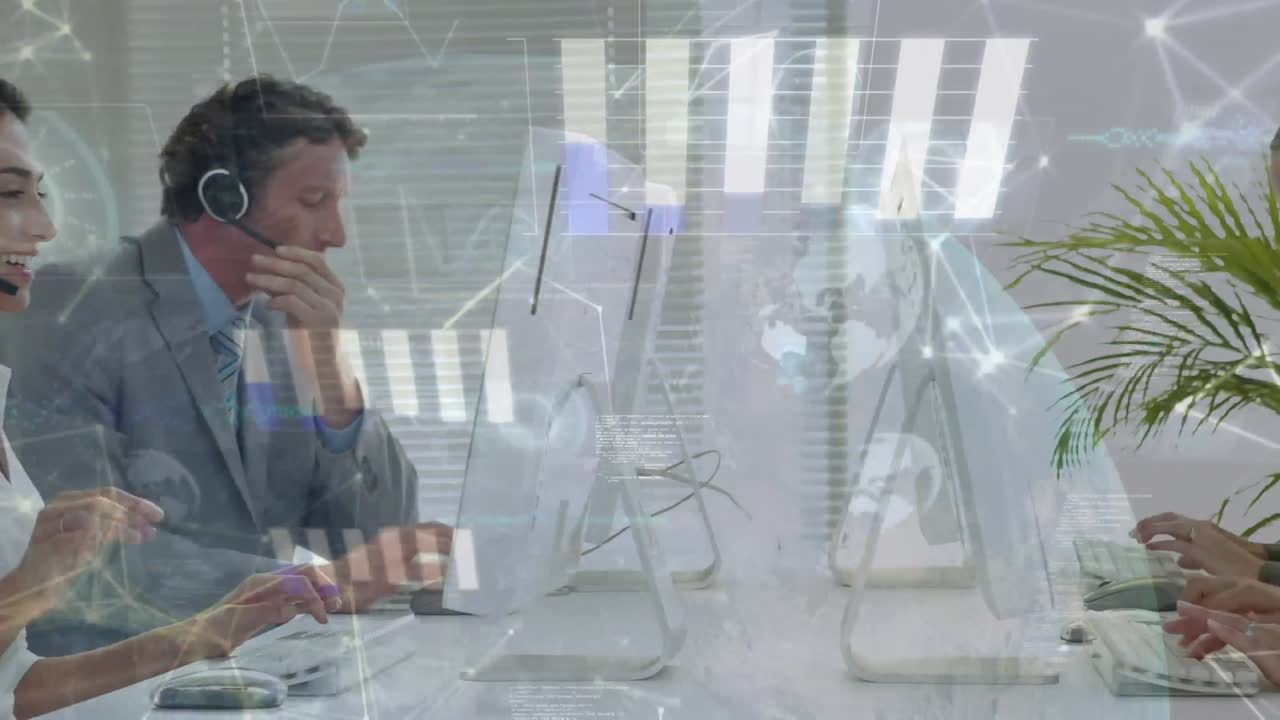 전화 헤드 ⁇ 을 사용하는 비즈니스 사람들에 대한 아이콘과 연결 네트워크의 애니메이션