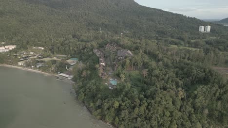 Evening-Aerial-View-Of-Pantai-Damai-Central-Santubong-And-Sarawak-Cultural-Village,-Borneo