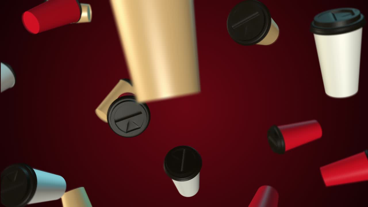 fondo de tazas de café de tres colores. renderizado abstracto en 3d con luz brillante y sombras. patrón de tachas de café. animación en bucle. rojo amarillo blanco