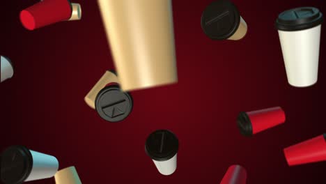 three colored coffee cups background. 3d abstract render with bright light and shadows. coffee cups pattern. loopable animation. red yellow white