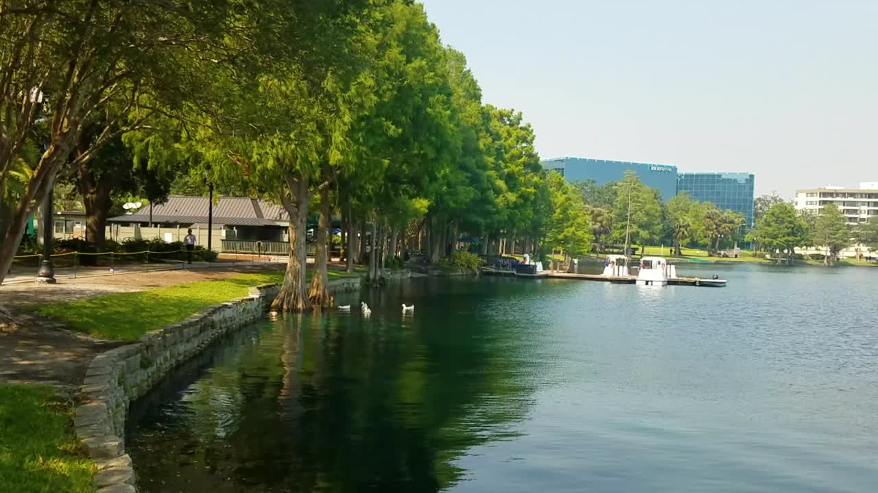 Lake Eola, Orlando Florida, pan shot of city, ducks and buildings in background.