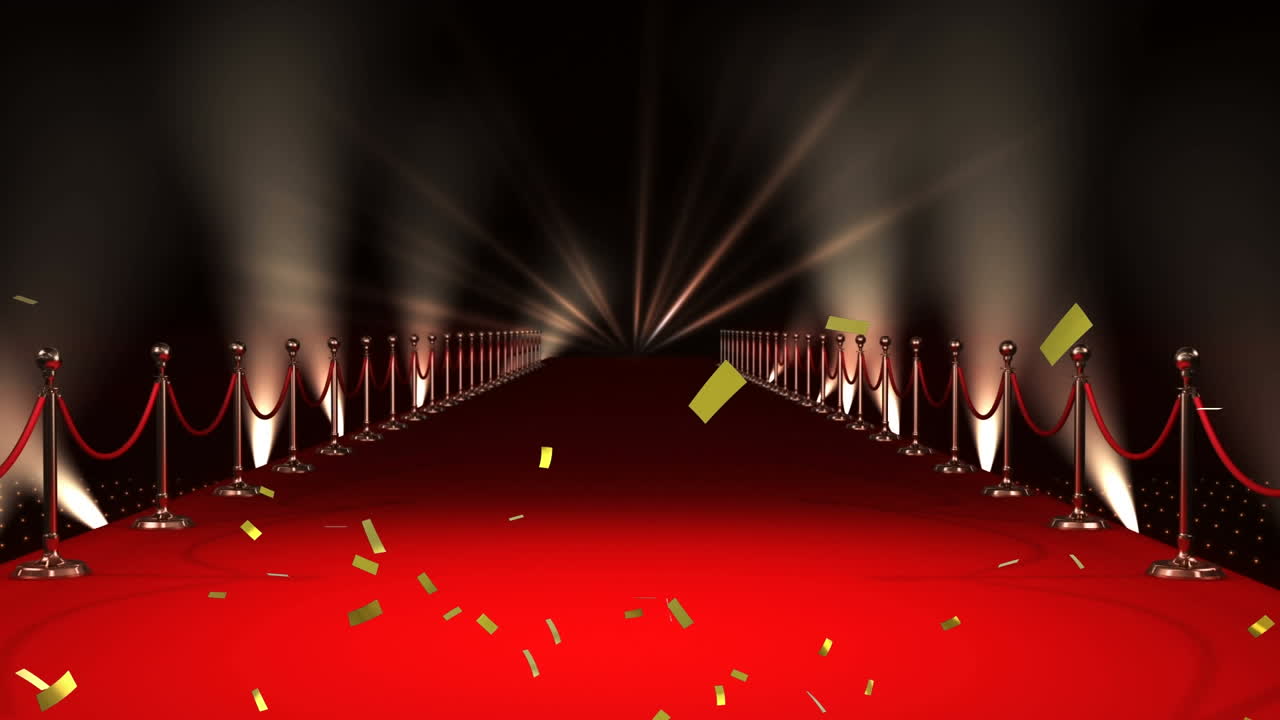 animación de confeti de oro cayendo sobre el lugar de la alfombra roja con reflectores